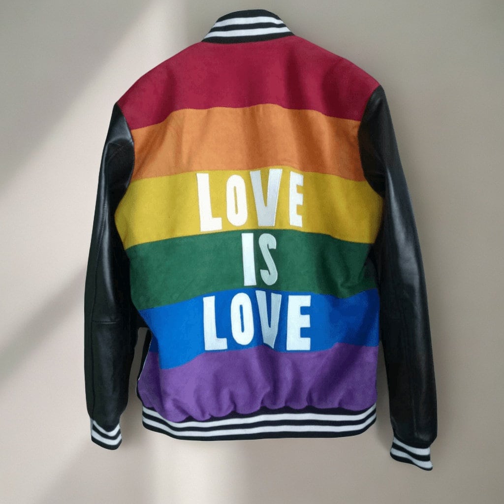 Handmade Love is Love LGBTQ Varsity Jacket With Leather Sleeves! "Pride Jacket"- A LGBTQ Handmade Leather Jacket Celebrating Diversity