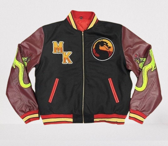 Handmade Custom made Mortal Combat Sub-zero and Scorpion Fighting Varsity Jacket with Brown Sleeves