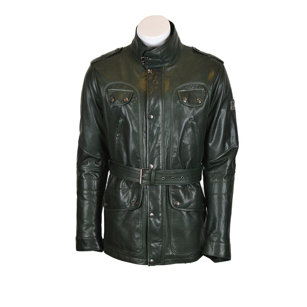 Ox and Bulls Trailmaster Style Dark Green Men Leather Jacket Genuine Sheep Leather Jacket, Benjamin Jacket, YKK Zip Closer, Motorcycle