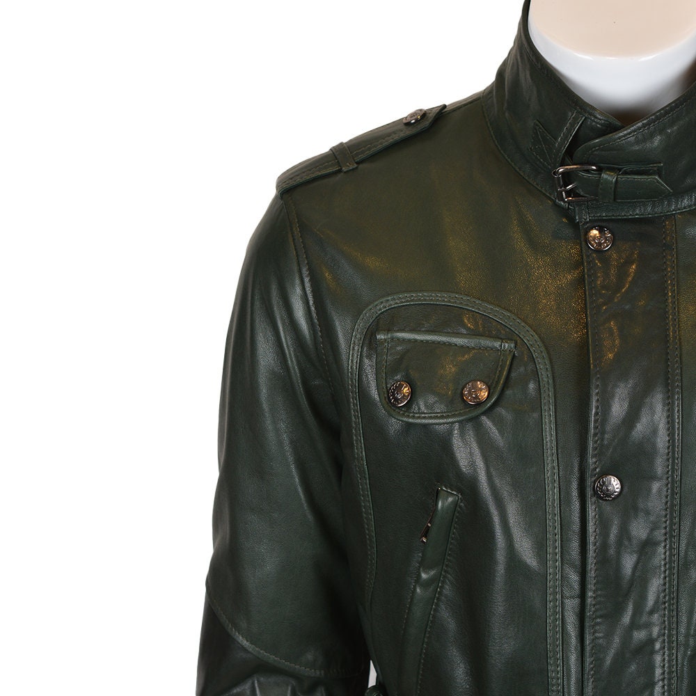 Ox and Bulls Trailmaster Style Dark Green Men Leather Jacket Genuine Sheep Leather Jacket, Benjamin Jacket, YKK Zip Closer, Motorcycle