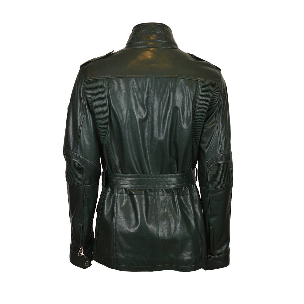 Ox and Bulls Trailmaster Style Dark Green Men Leather Jacket Genuine Sheep Leather Jacket, Benjamin Jacket, YKK Zip Closer, Motorcycle