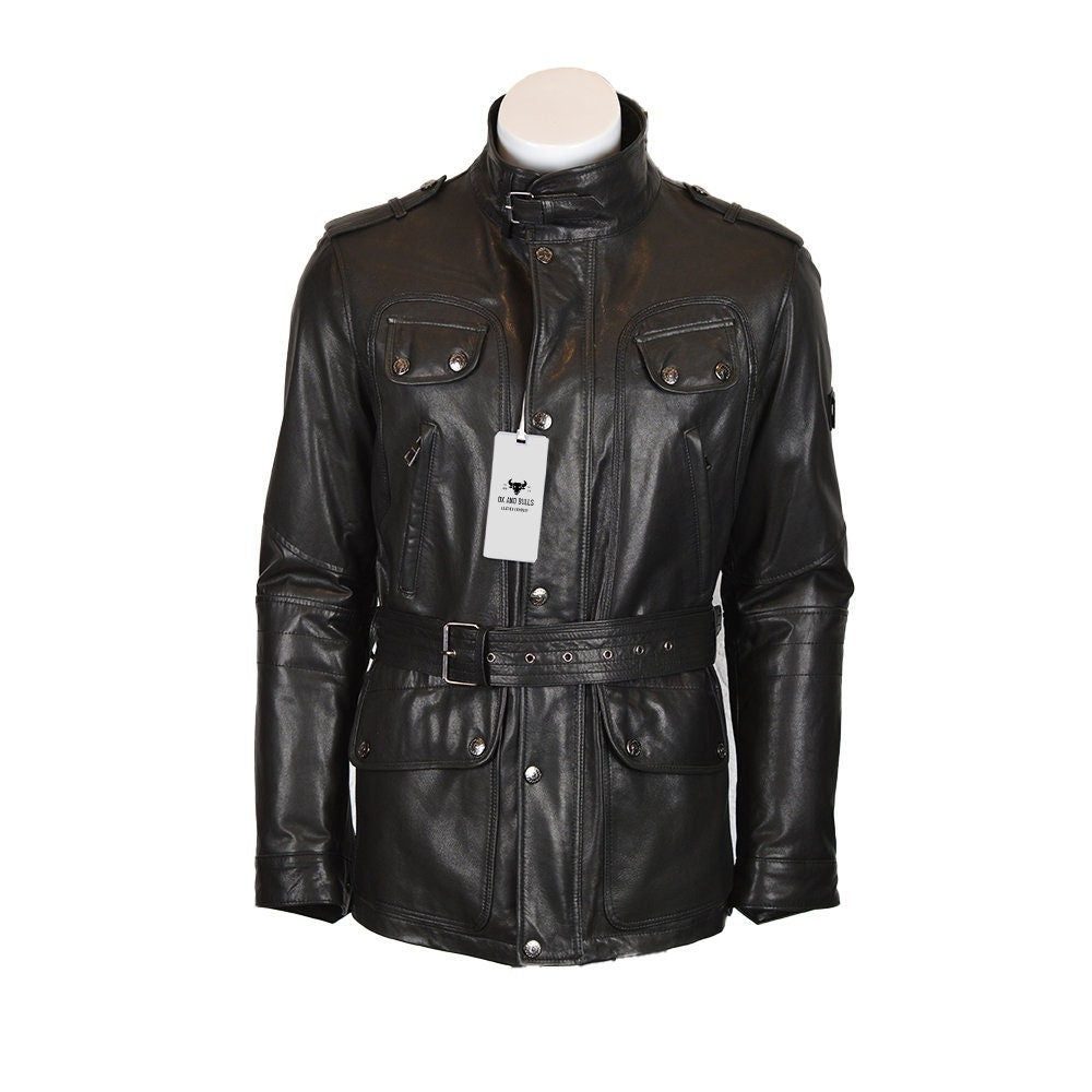 Ox and Bulls Trailmaster Style Black Men Leather Jacket Genuine Sheep Nappa Leather Jacket, Benjamin Jacket, YKK Zip Closer, Motorcycle