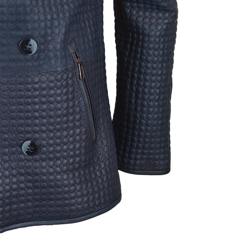 Ox and Bulls Circle Embossed Quilted Blue Leather Jacket