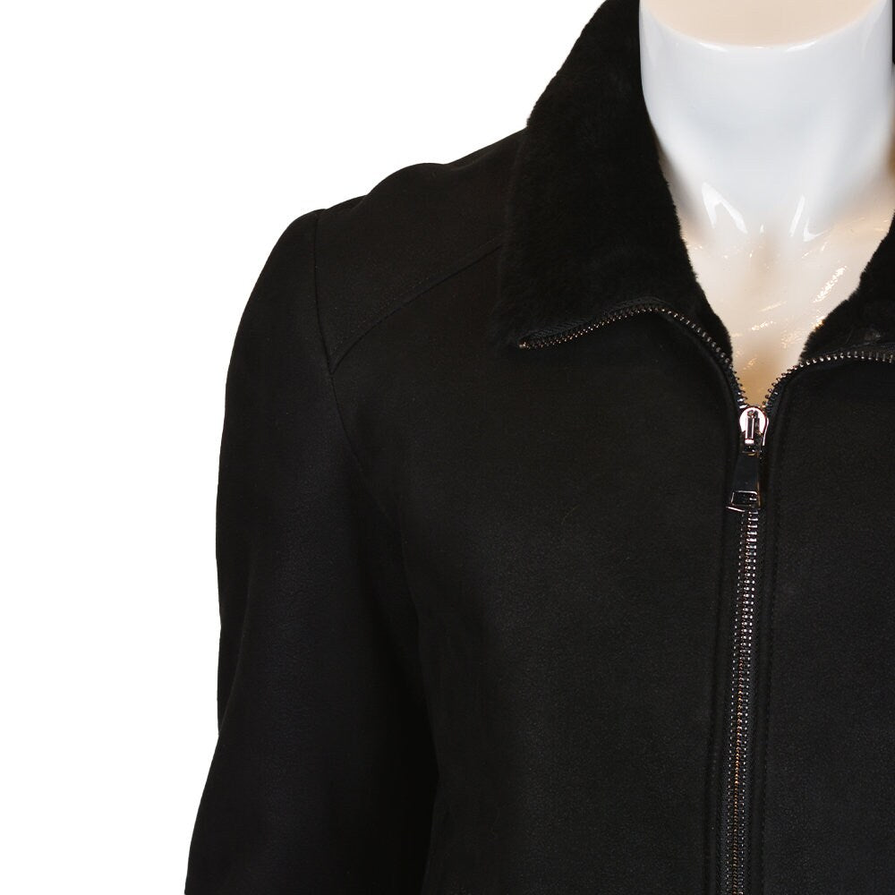 Ox and Bulls Handmade Black Fur Bomber Jacket Leather Coat