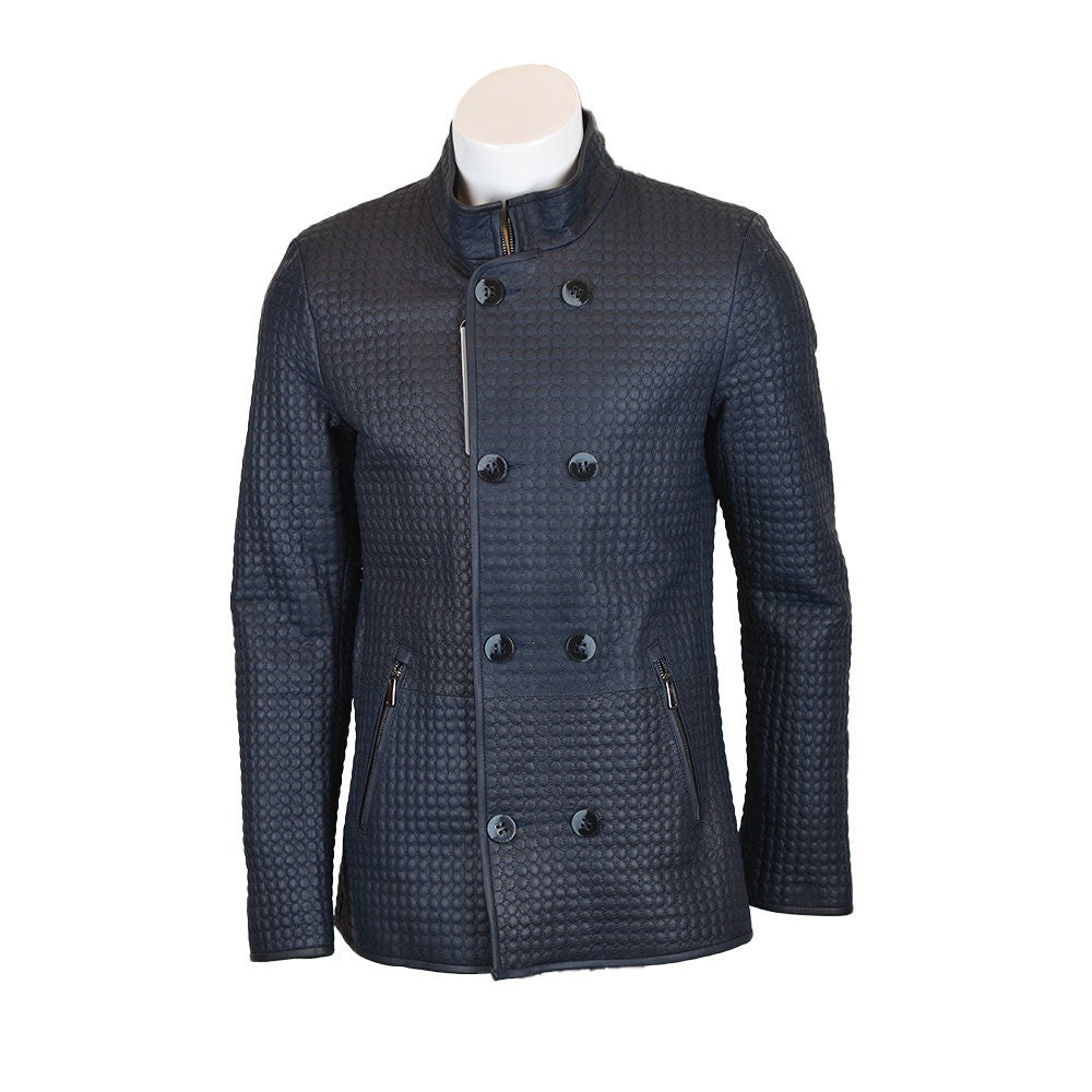 Ox and Bulls Circle Embossed Quilted Blue Leather Jacket