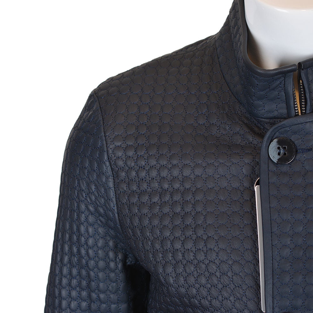 Ox and Bulls Circle Embossed Quilted Blue Leather Jacket