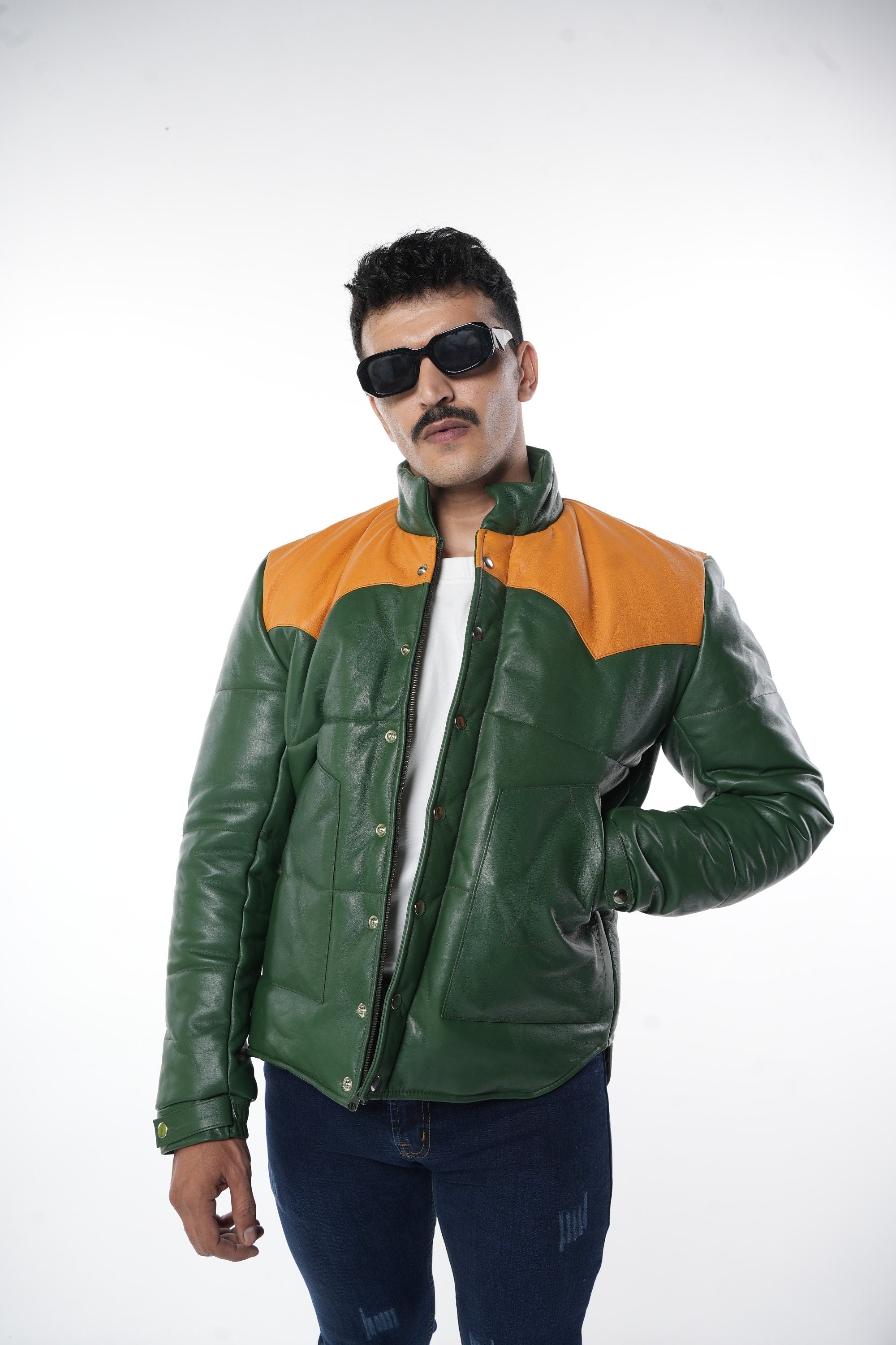 Ox and Bulls Puffer Yellow and Green Multicolor Leather Jacket - Spanish style Puffer Jacket