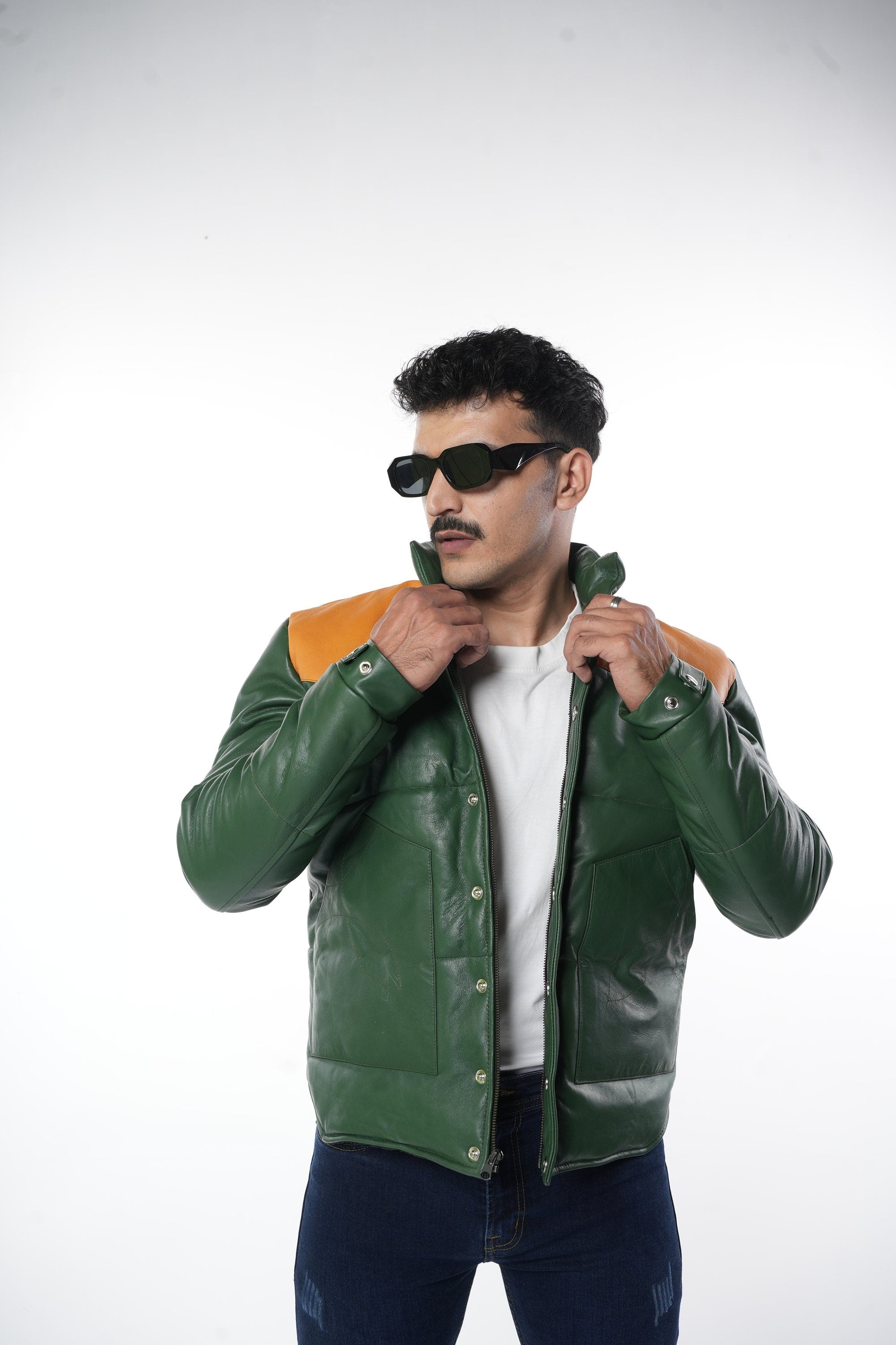 Ox and Bulls Puffer Yellow and Green Multicolor Leather Jacket - Spanish style Puffer Jacket