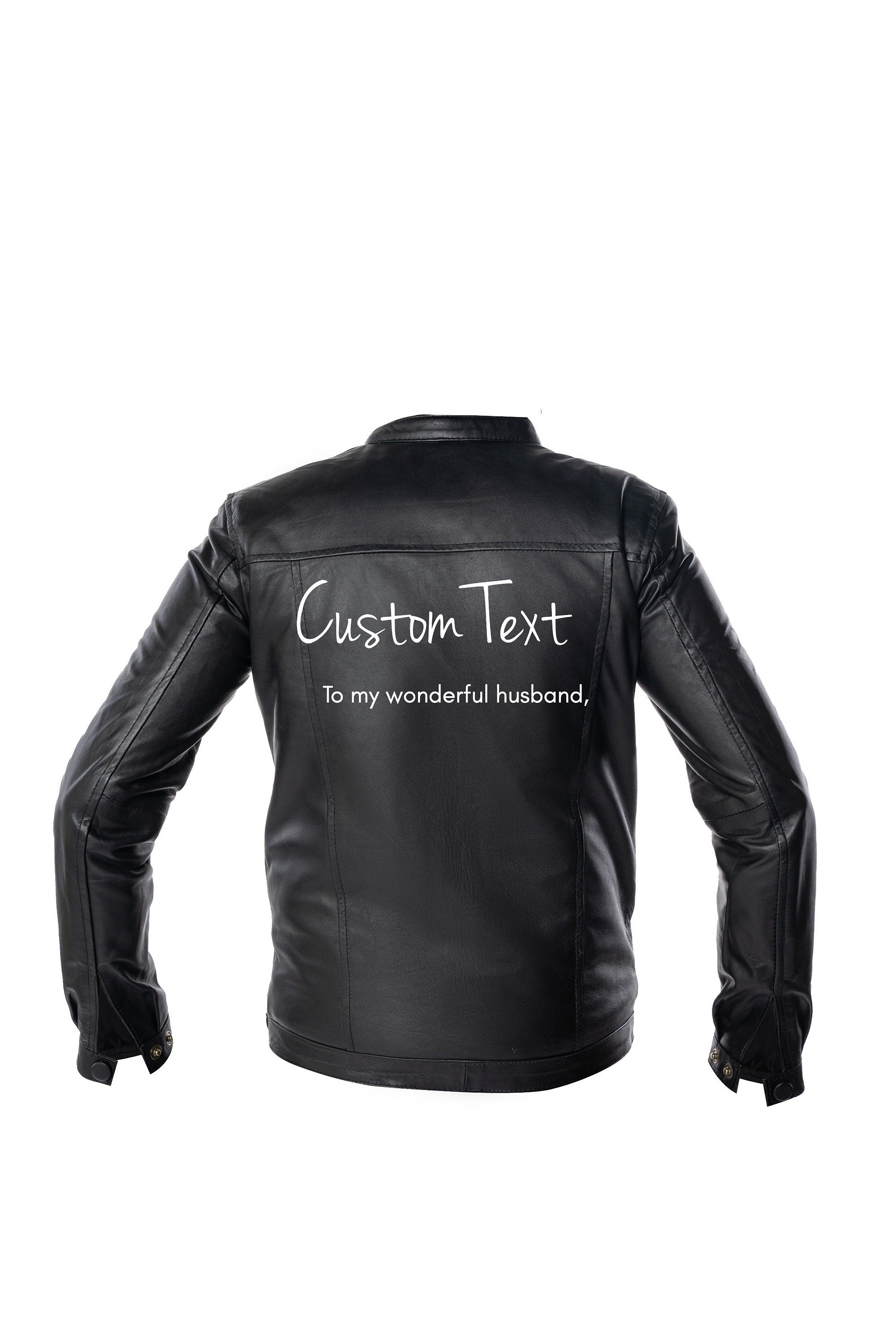 CUSTOM TEXT Black Bomber Leather Jacket- Personalize Black Moto Faux Leather Jacket- Gift for Her- Choose Font or Custom Logo Printing