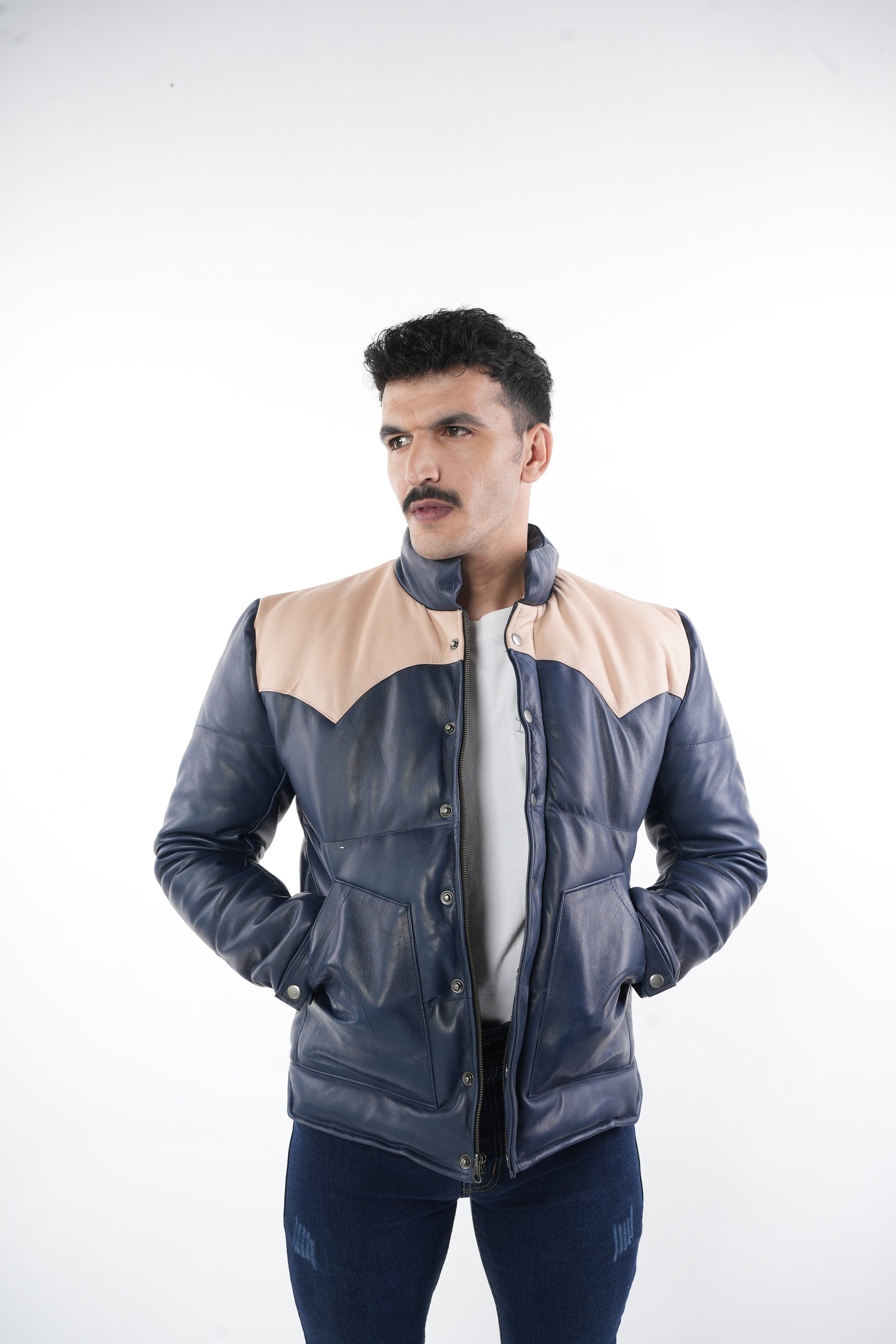 Ox and Bulls Puffer Blue Multicolor Leather Jacket - Spanish style Puffer Jacket