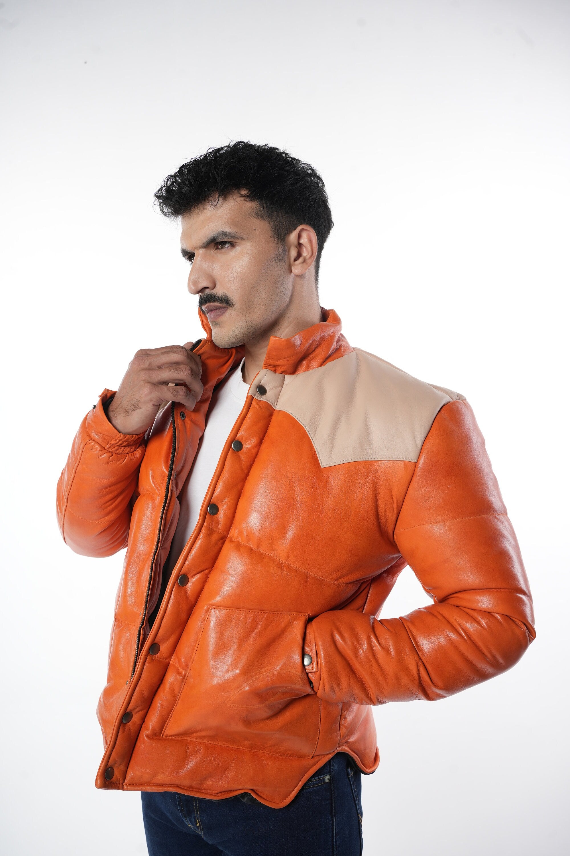 Ox and Bulls Puffer Orange Multicolor Leather Jacket - Spanish style Puffer Jacket