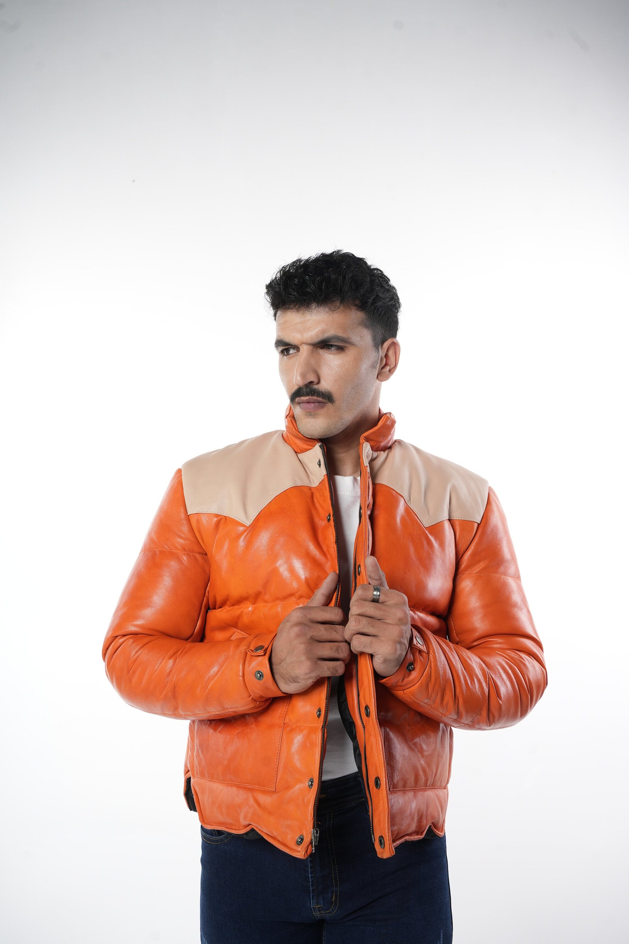 Ox and Bulls Puffer Orange Multicolor Leather Jacket - Spanish style Puffer Jacket