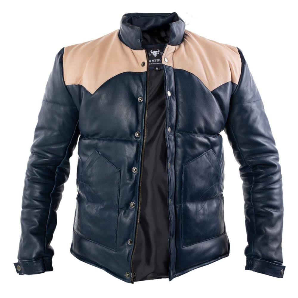 Ox and Bulls Puffer Blue Multicolor Leather Jacket - Spanish style Puffer Jacket