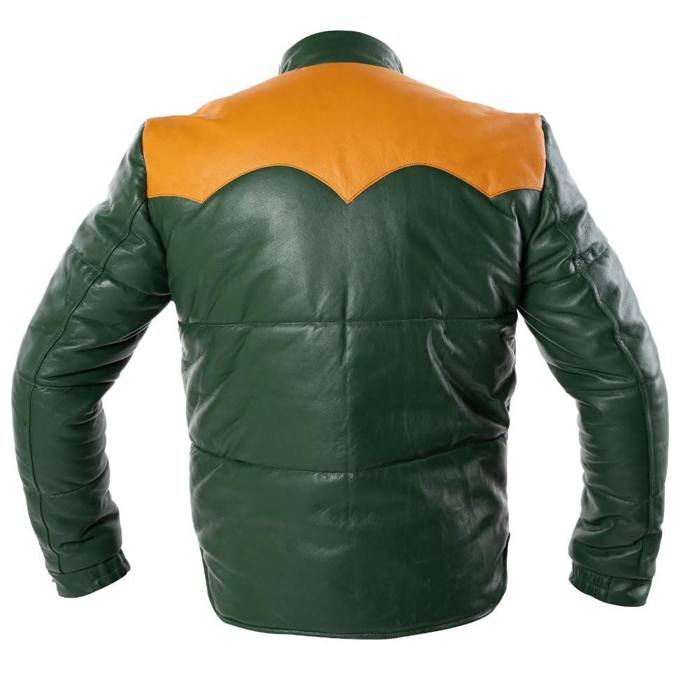 Ox and Bulls Puffer Yellow and Green Multicolor Leather Jacket - Spanish style Puffer Jacket