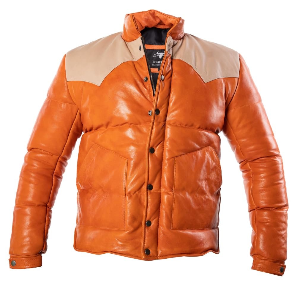 Ox and Bulls Puffer Orange Multicolor Leather Jacket - Spanish style Puffer Jacket