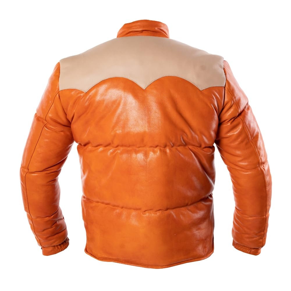 Ox and Bulls Puffer Orange Multicolor Leather Jacket - Spanish style Puffer Jacket