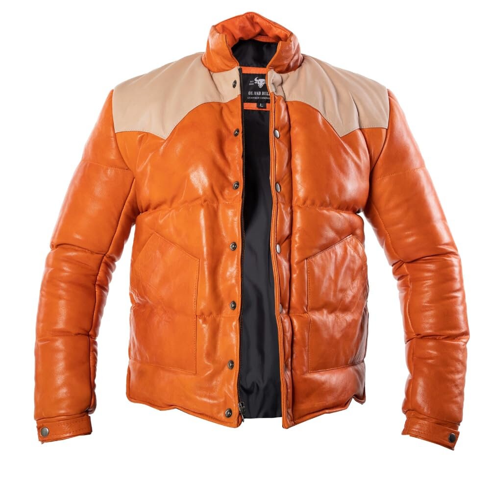 Ox and Bulls Puffer Orange Multicolor Leather Jacket - Spanish style Puffer Jacket