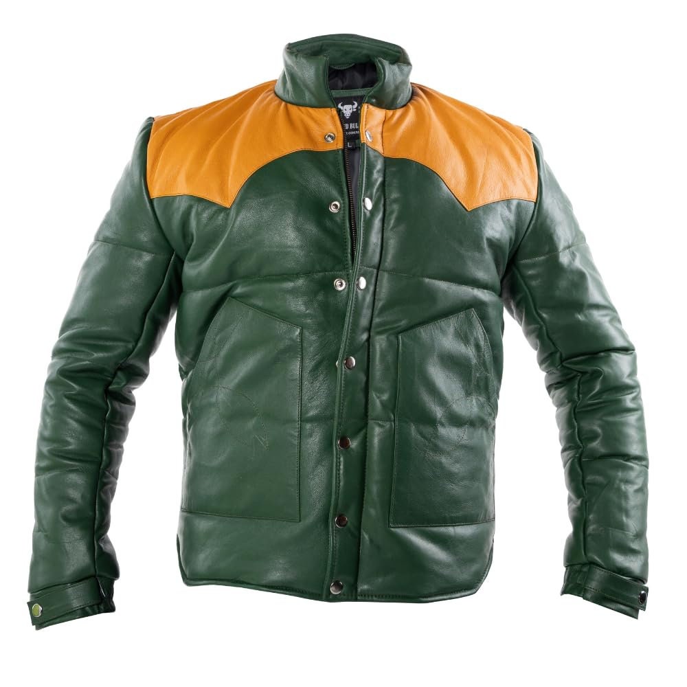 Ox and Bulls Puffer Yellow and Green Multicolor Leather Jacket - Spanish style Puffer Jacket