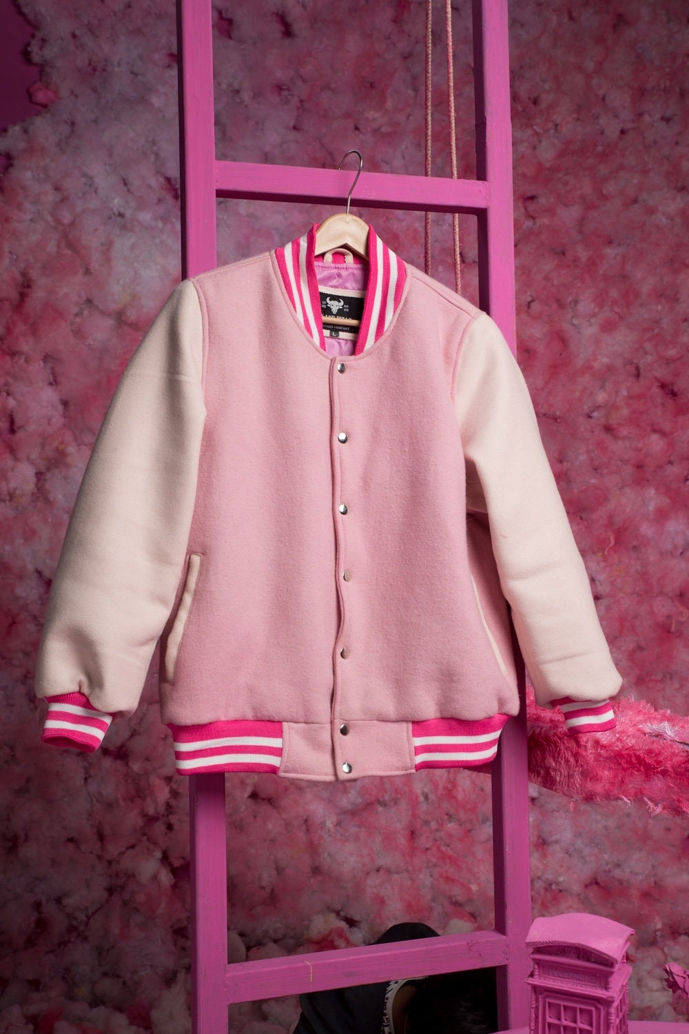 Pink and White Varsity Jacket - Handcrafted with love by Ox and Bulls Leather