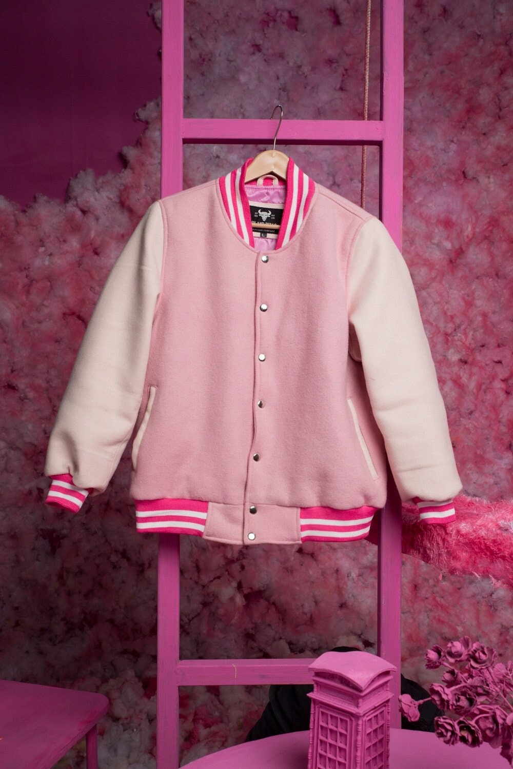 Pink and White Varsity Jacket - Handcrafted with love by Ox and Bulls Leather