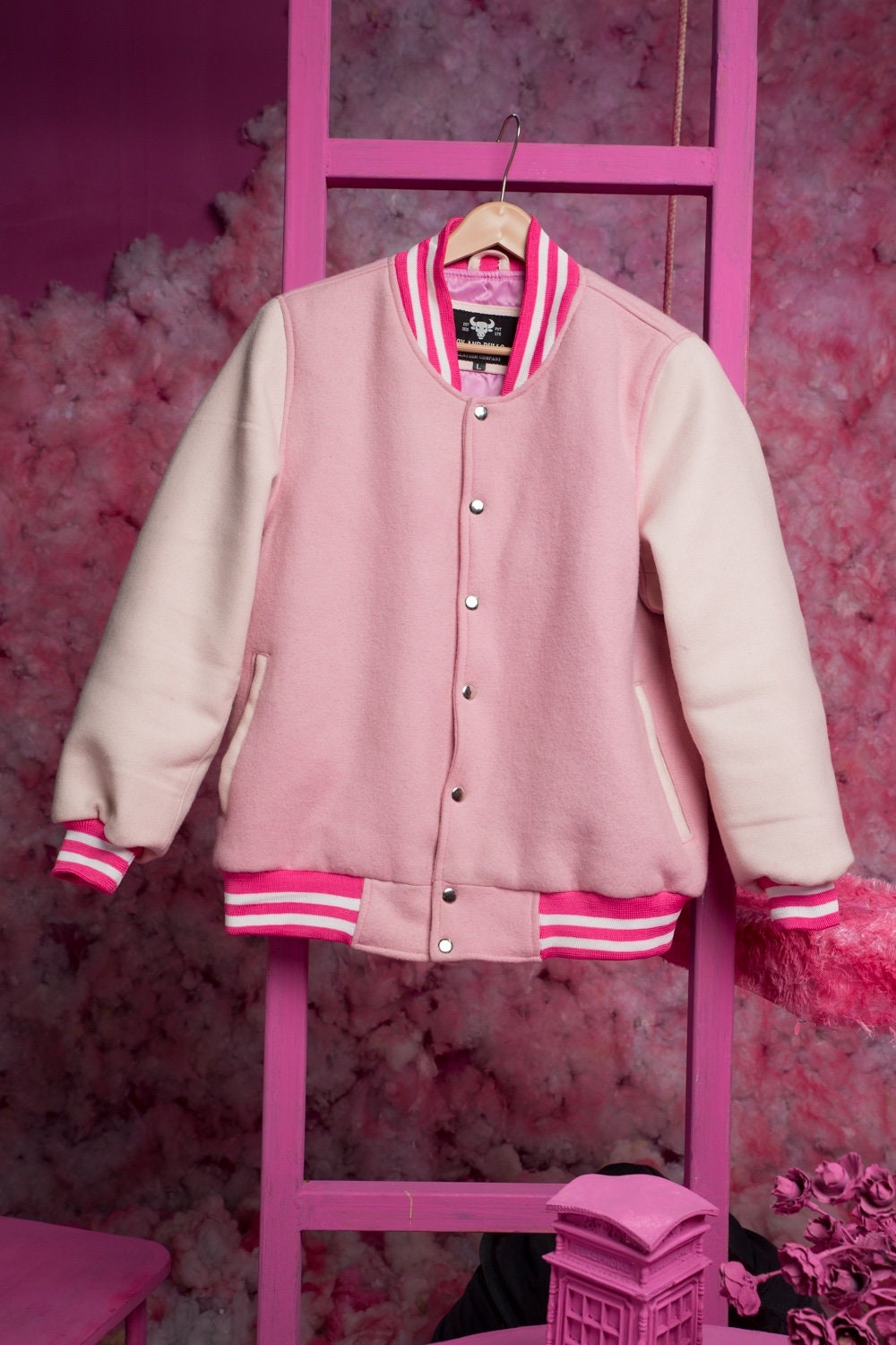 Pink and White Varsity Jacket - Handcrafted with love by Ox and Bulls Leather