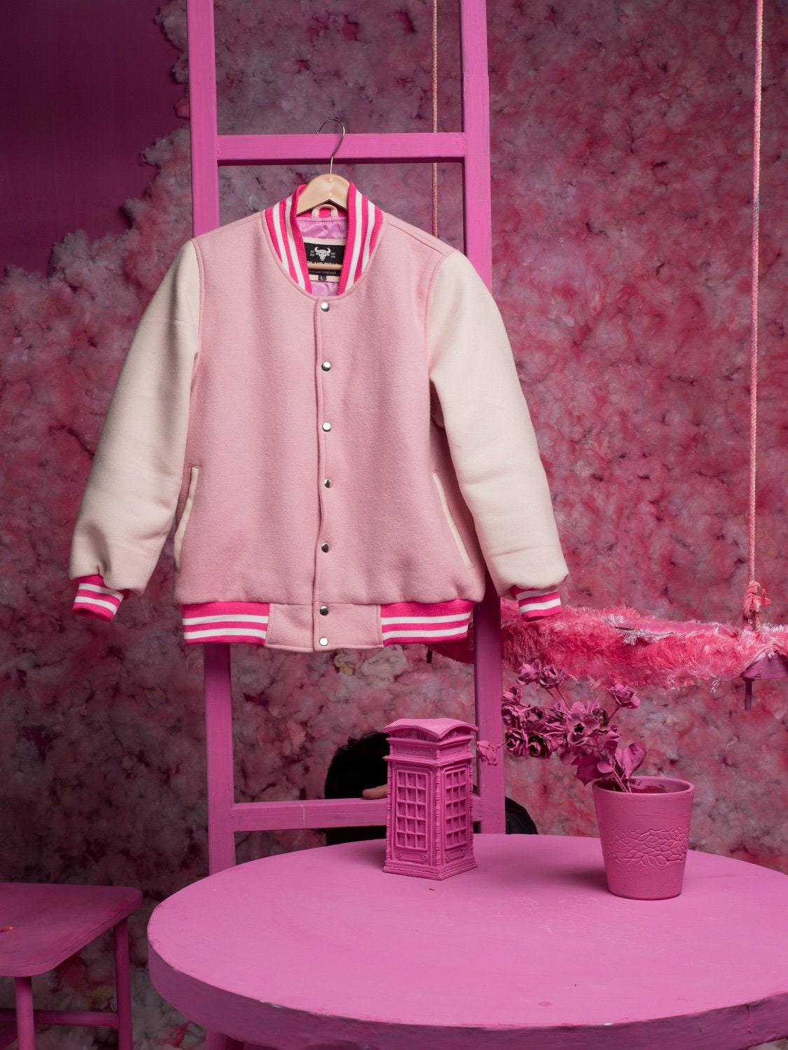 Pink and White Varsity Jacket - Handcrafted with love by Ox and Bulls Leather