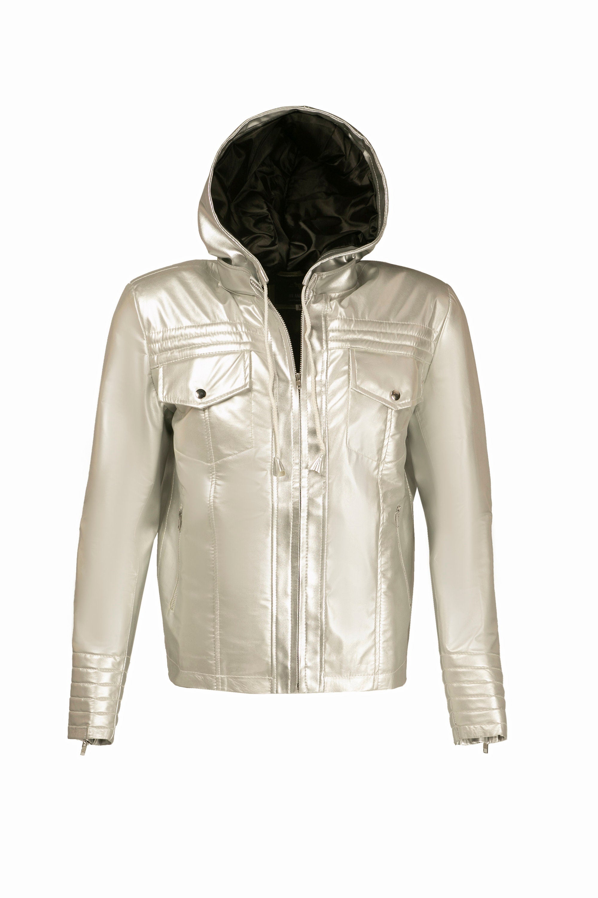 Handmade Metallic Silver Faux Hoodie Leather Jacket