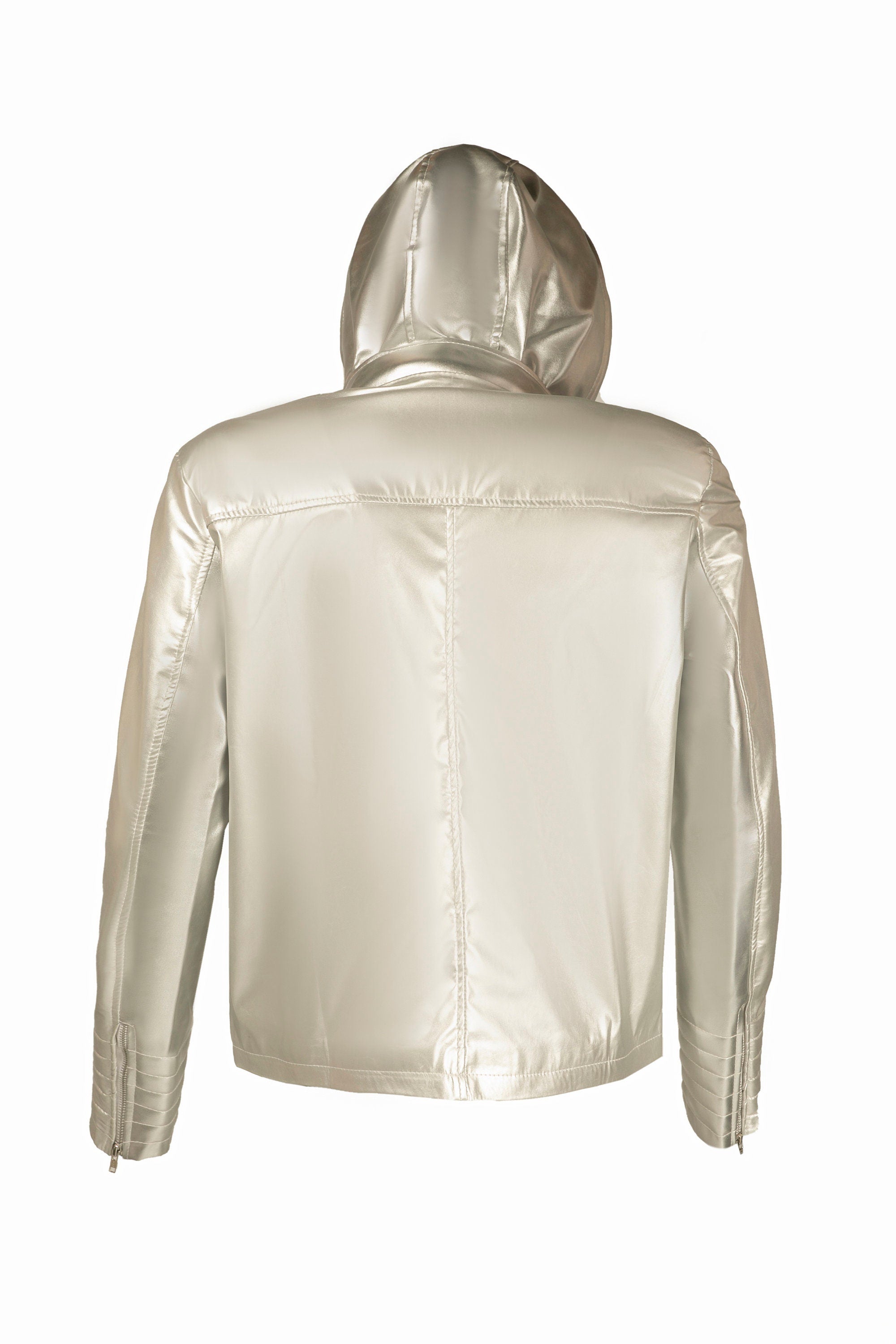 Handmade Metallic Silver Faux Hoodie Leather Jacket