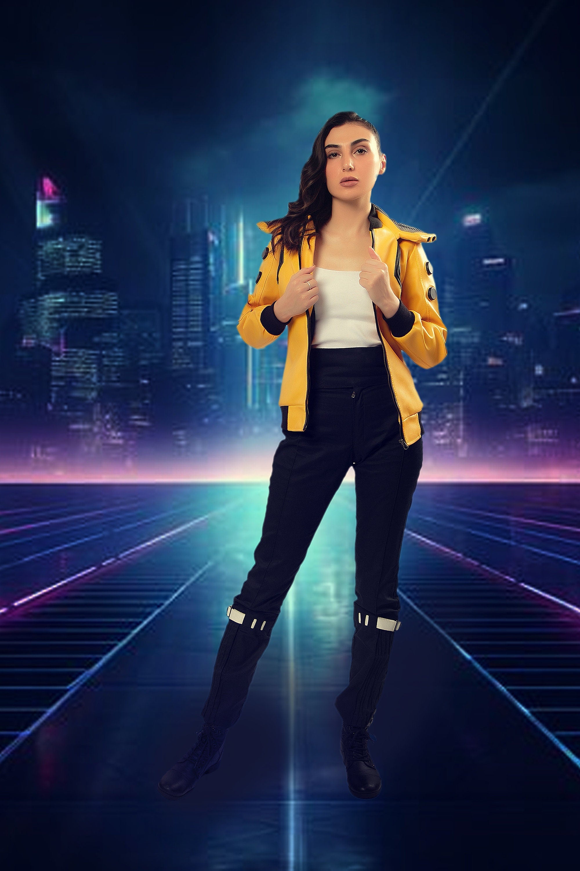 Judy's Yellow Cyberpunk 2077 Cosplay Jacket for Women Handcrafted by Ox and Bulls