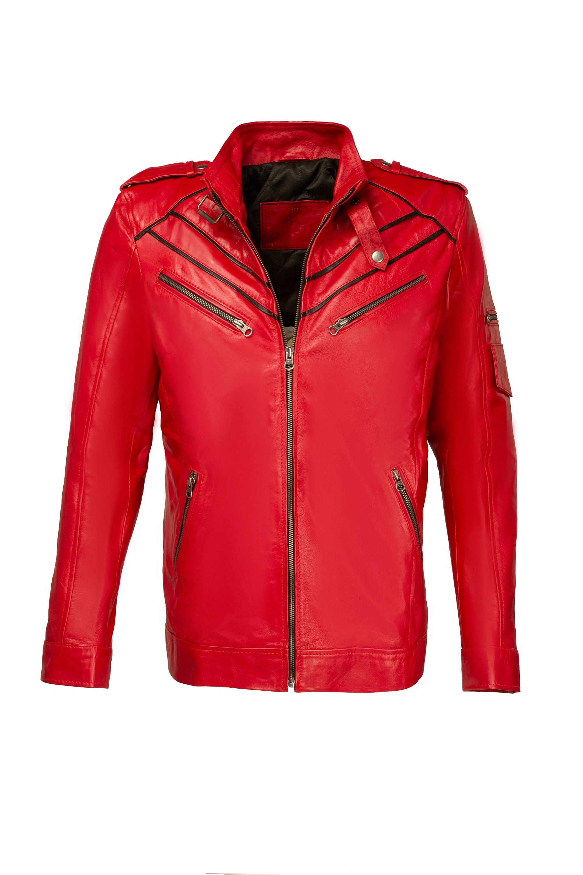 Cafe Racer Red Biker Motorcycle Men Red Leather Jacket Handcrafted by Ox and Bulls