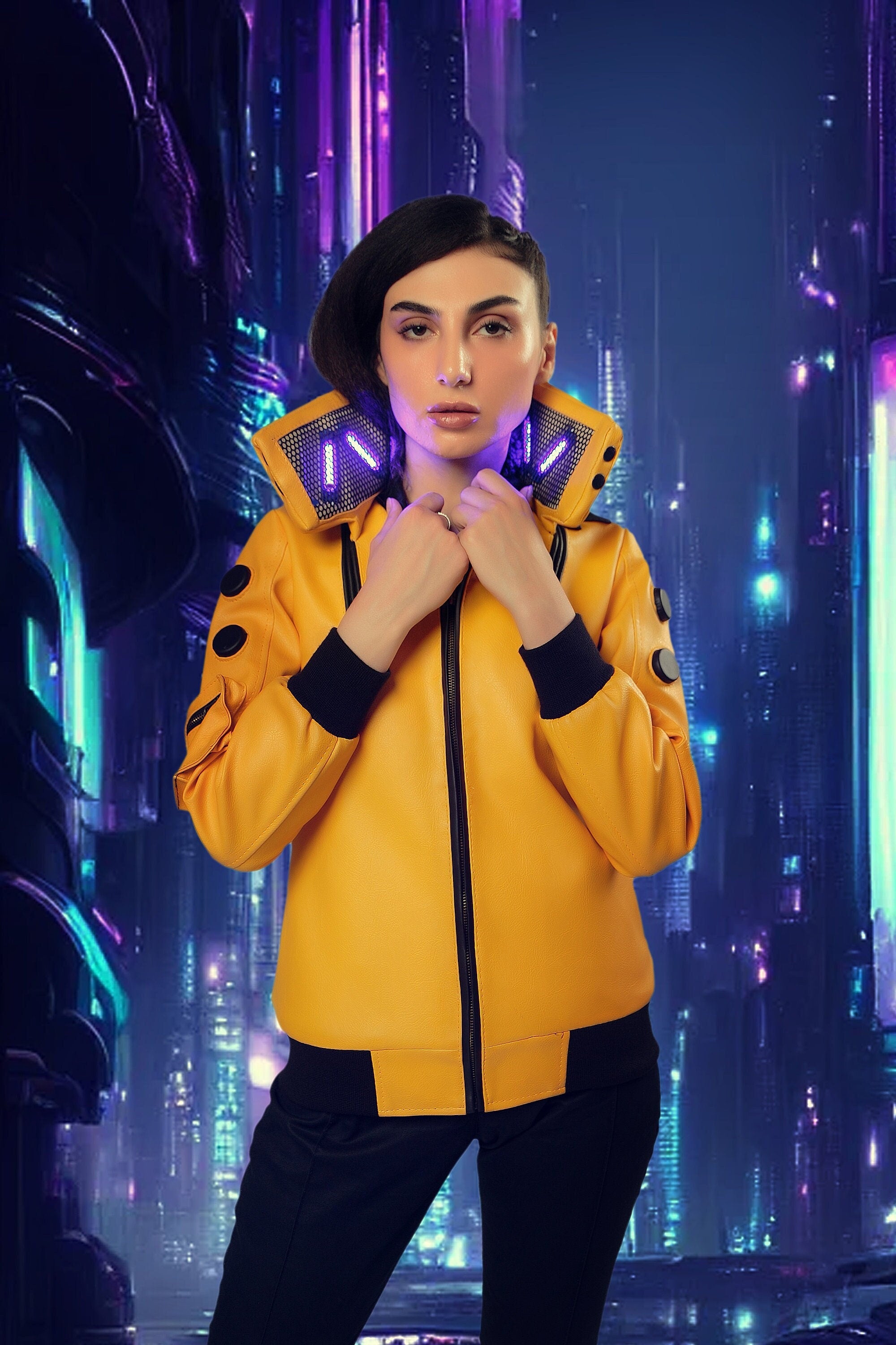 Judy's Yellow Cyberpunk 2077 Cosplay Jacket for Women Handcrafted by Ox and Bulls