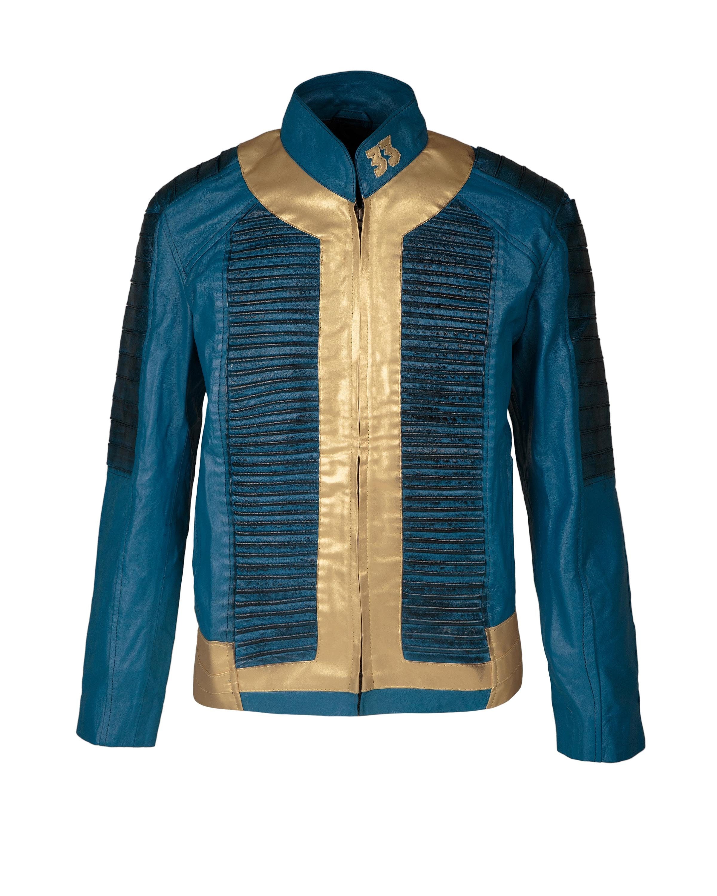 Vault 33 Lucy Blue New Vegas Cosplay Costume Inspired Leather Jacket | Men and Women Sizes Handcrafted by Ox and Bulls.