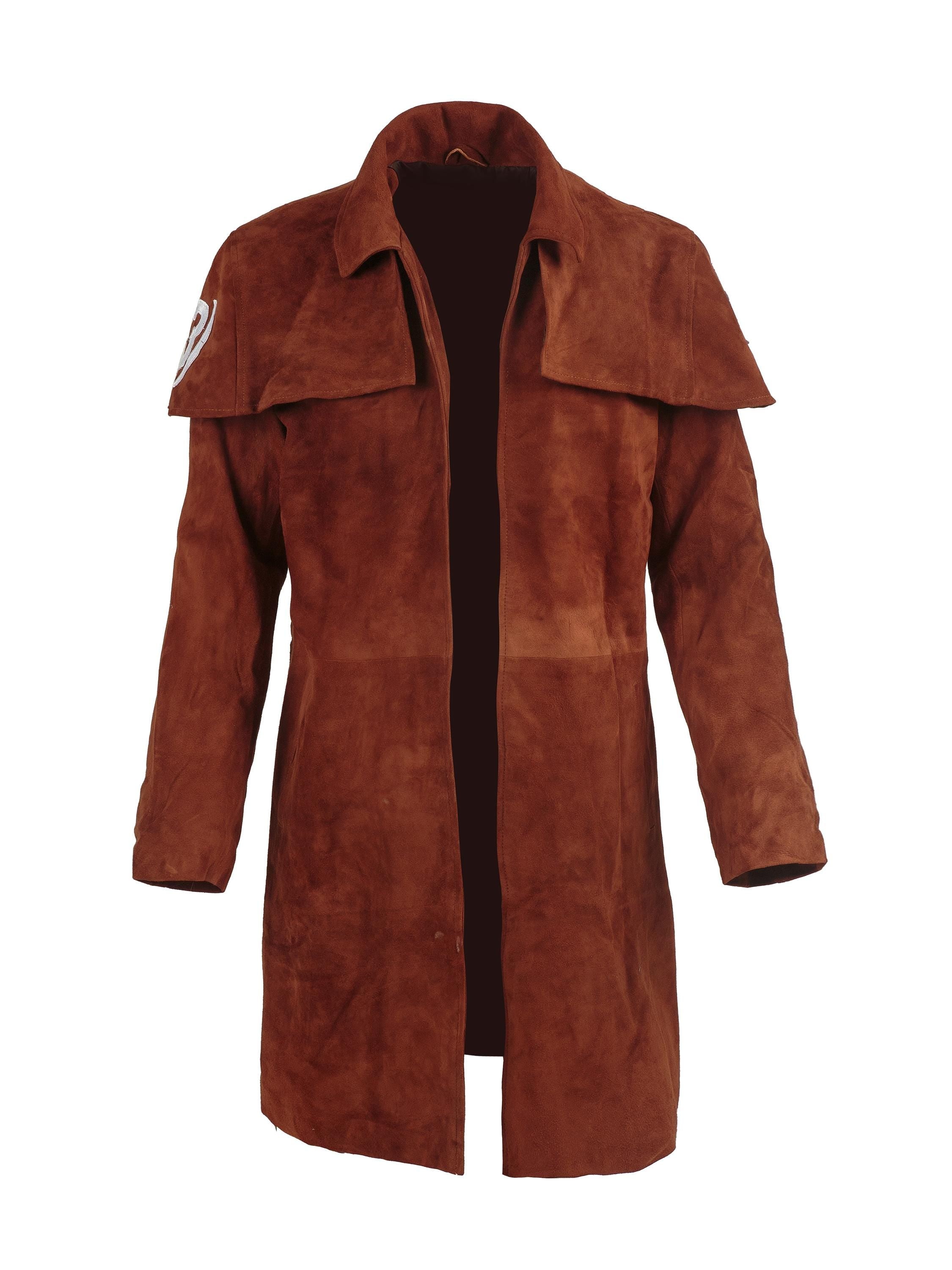 New Vegas NCR Ranger A7 Brown Duster | Long Brown Suede Leather Coat | Fallout-Inspired Cosplay Trench Coat Handcrafted by Ox and Bulls