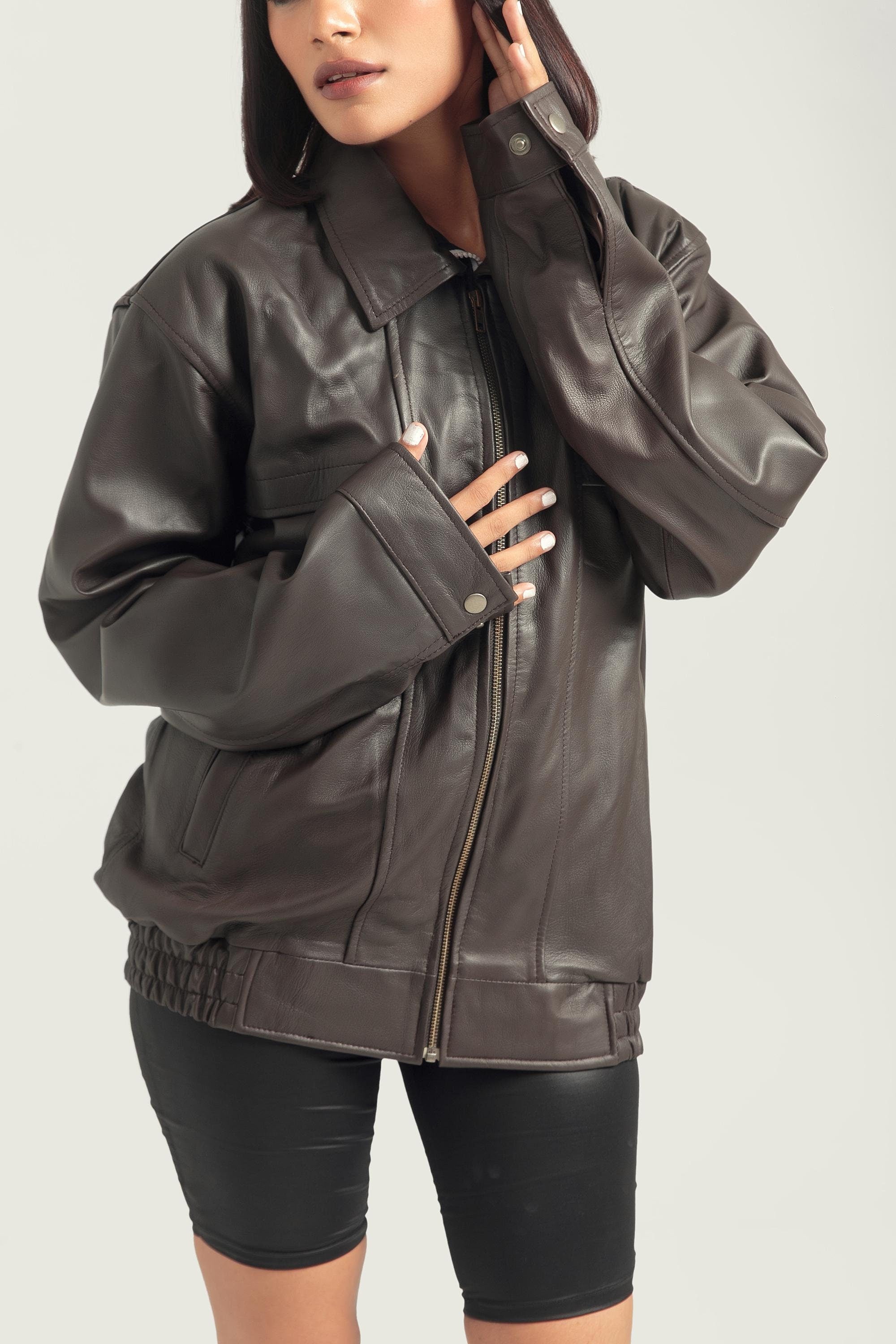 Oversized Dark Brown Bomber Jacket Retro Leather Jacket Handcrafted & Designed by Ox and Bulls