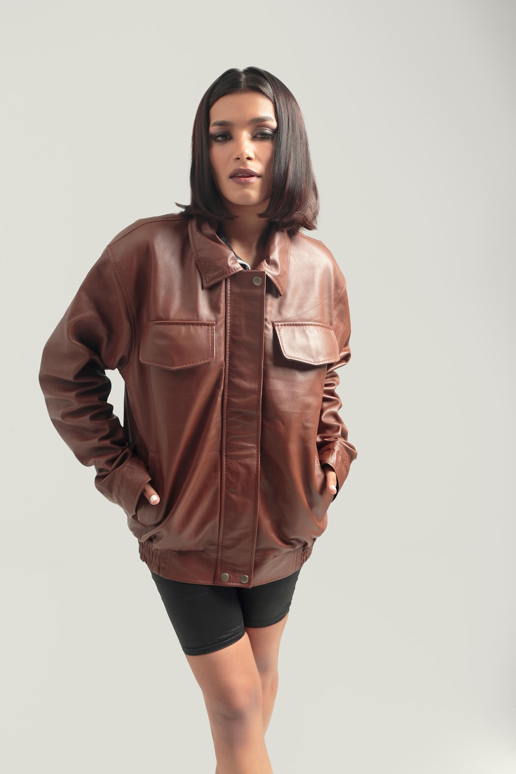 Oversized Brown Bomber Jacket Retro Leather Jacket Handcrafted & Designed by Ox and Bulls