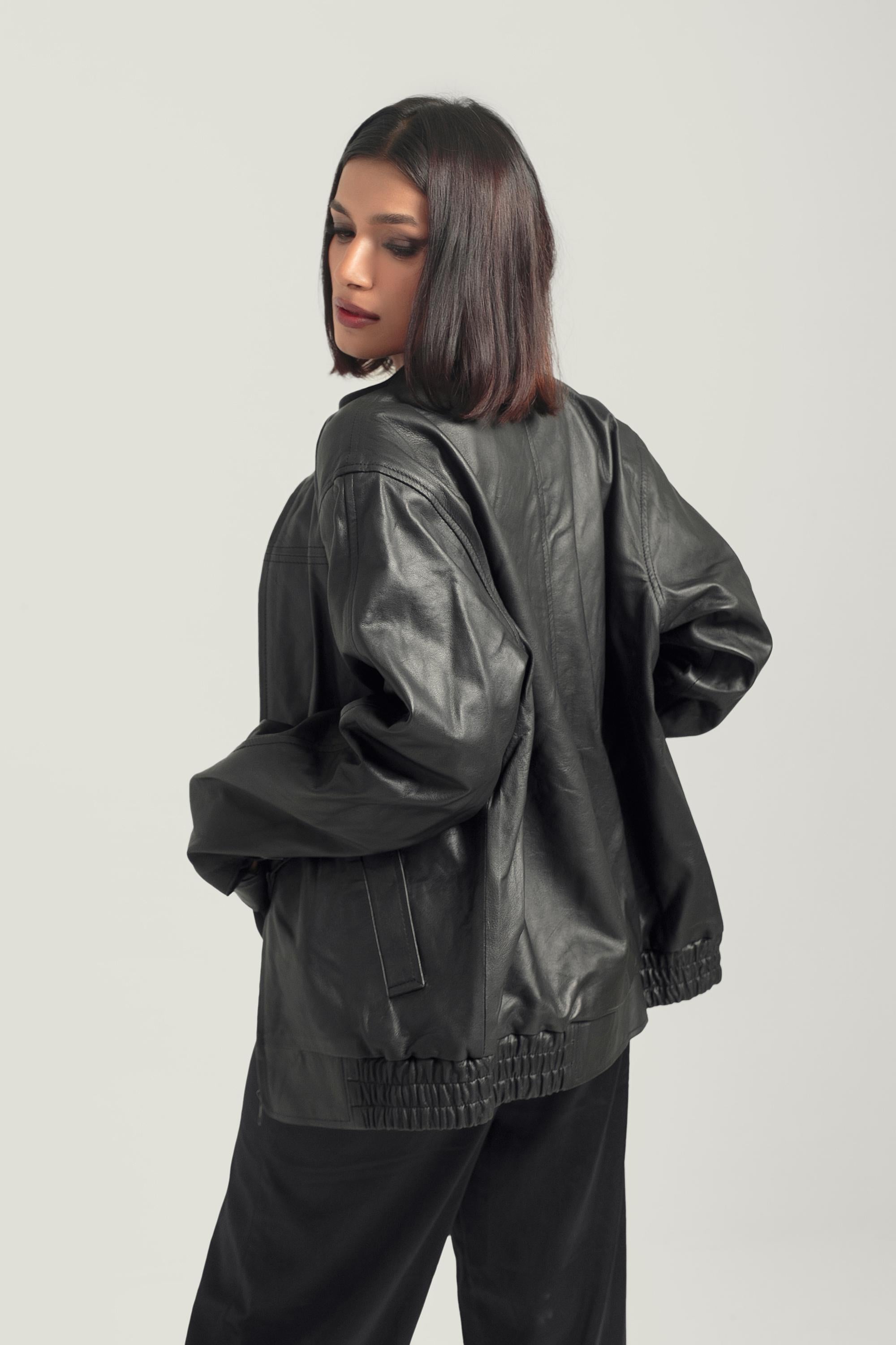 Oversized Black Leather Biker Jacket, Handcrafted Retro Bomber