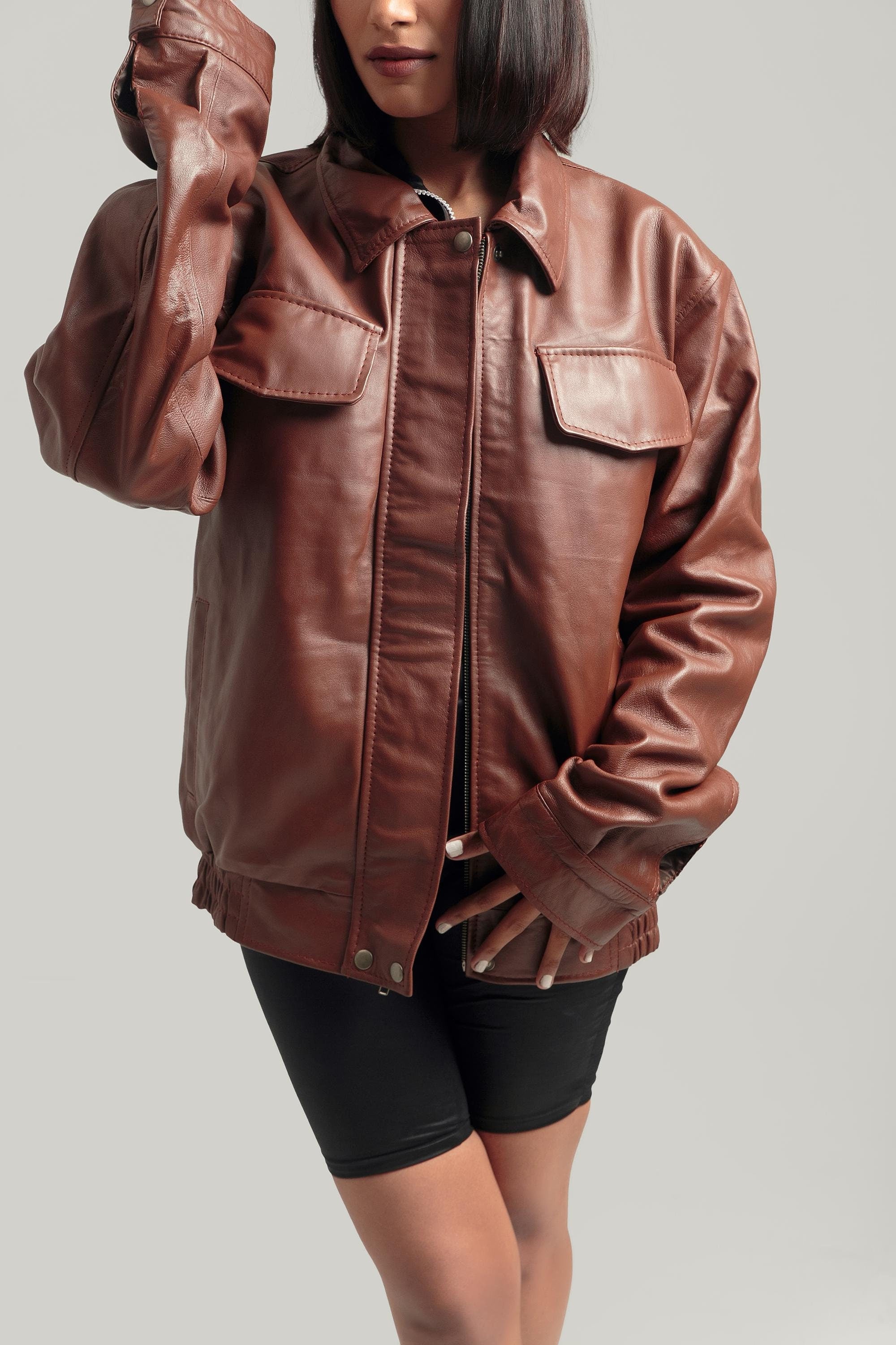 Oversized Brown Bomber Jacket Retro Leather Jacket Handcrafted & Designed by Ox and Bulls