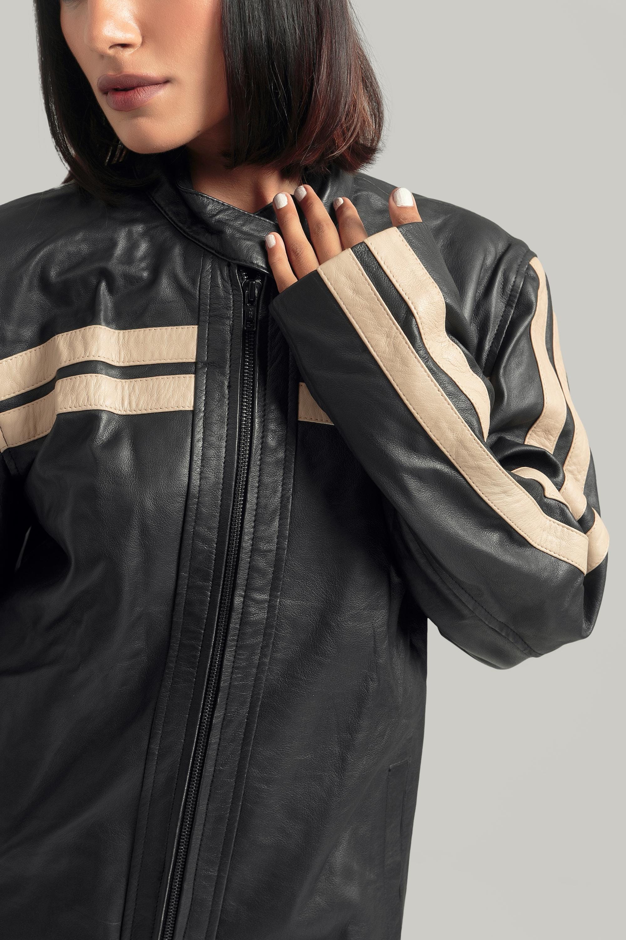 Oversized Black Leather Bomber Jacket, Retro Stripe Design