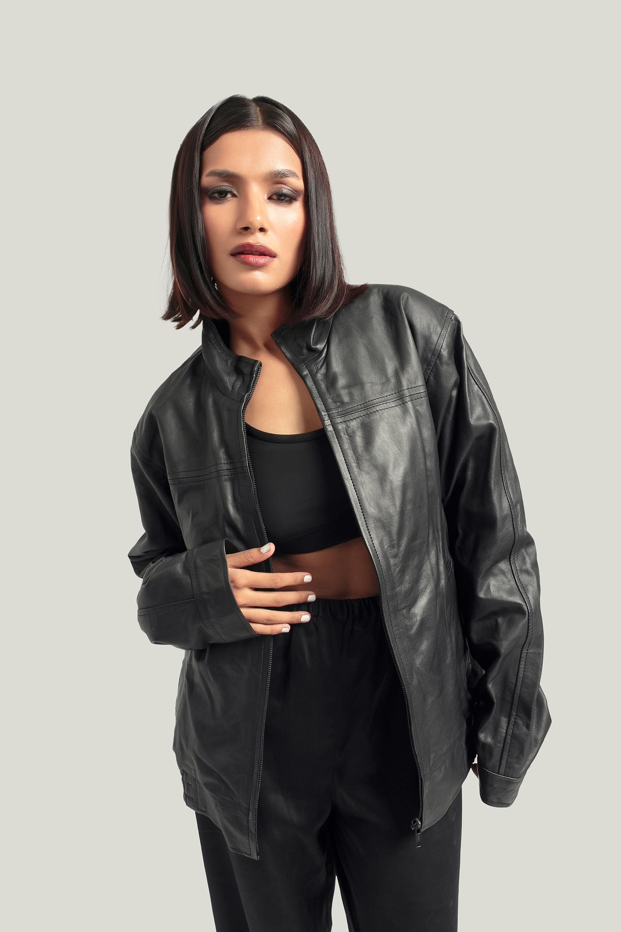 Oversized Womens Black Classic Bikers Jacket for Women's Retro Bomber Leather Jacket Handcrafted & Designed by Ox and Bulls