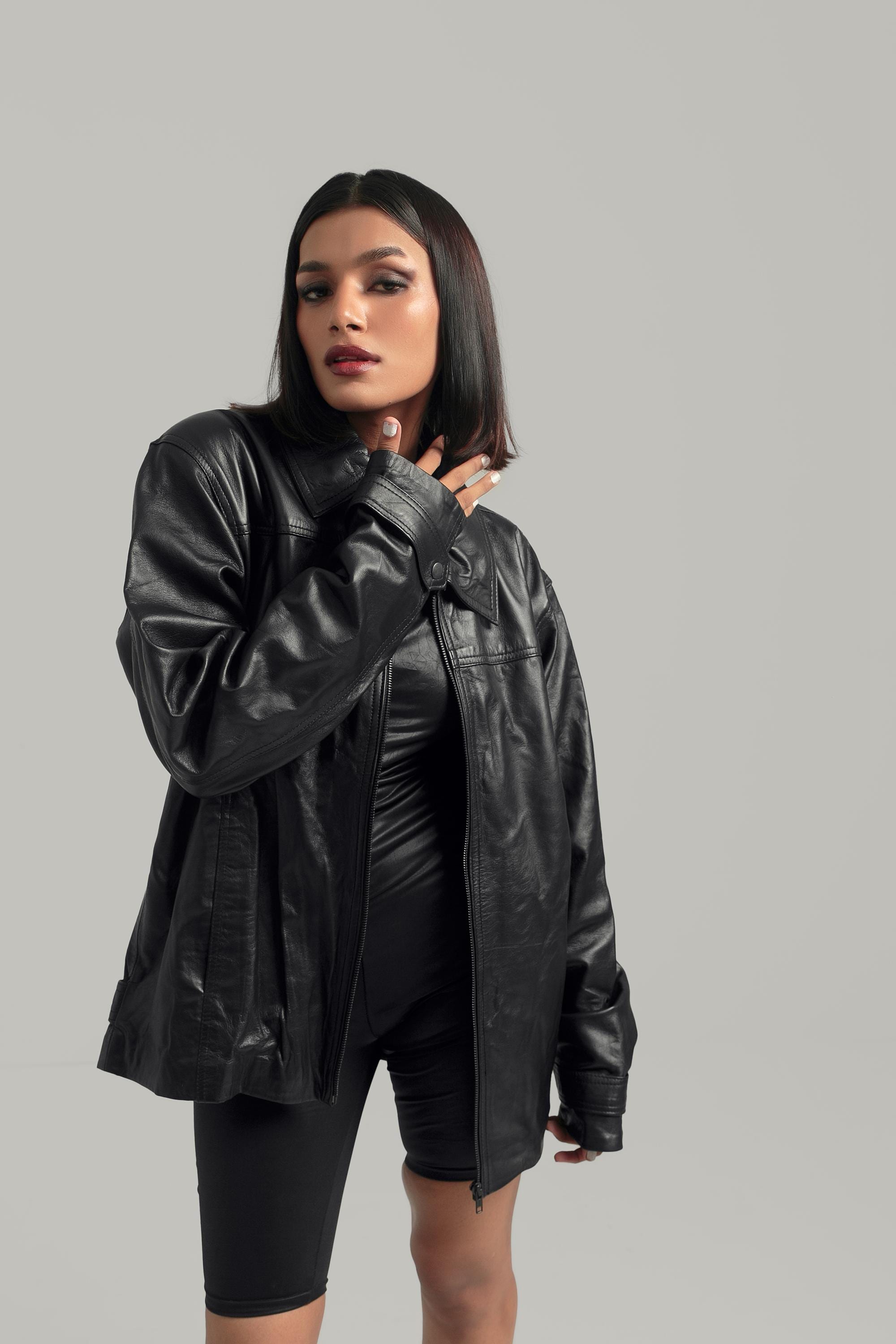 Handcrafted Oversized Black Leather Biker Jacket, Retro Bomber Style