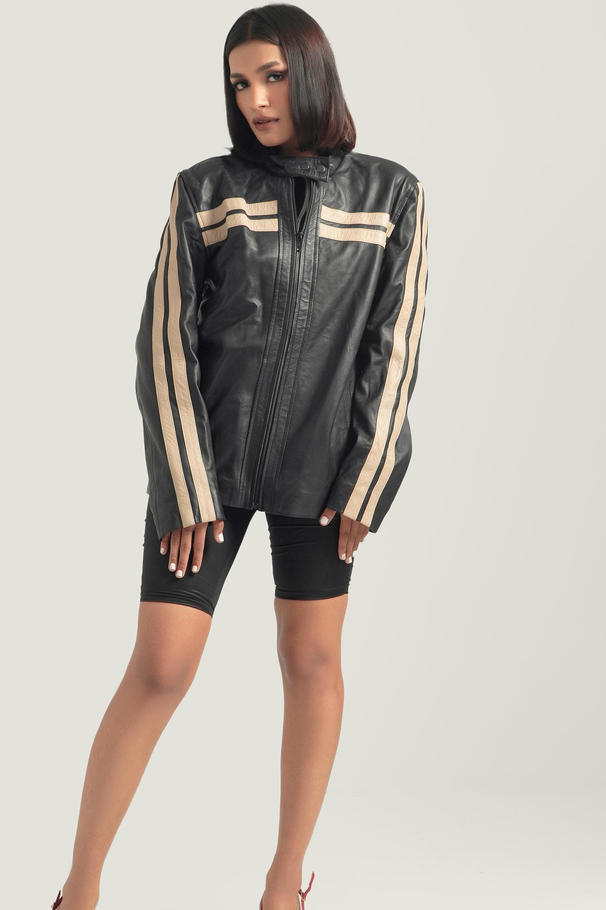 Oversized Black Leather Bomber Jacket, Retro Stripe Design