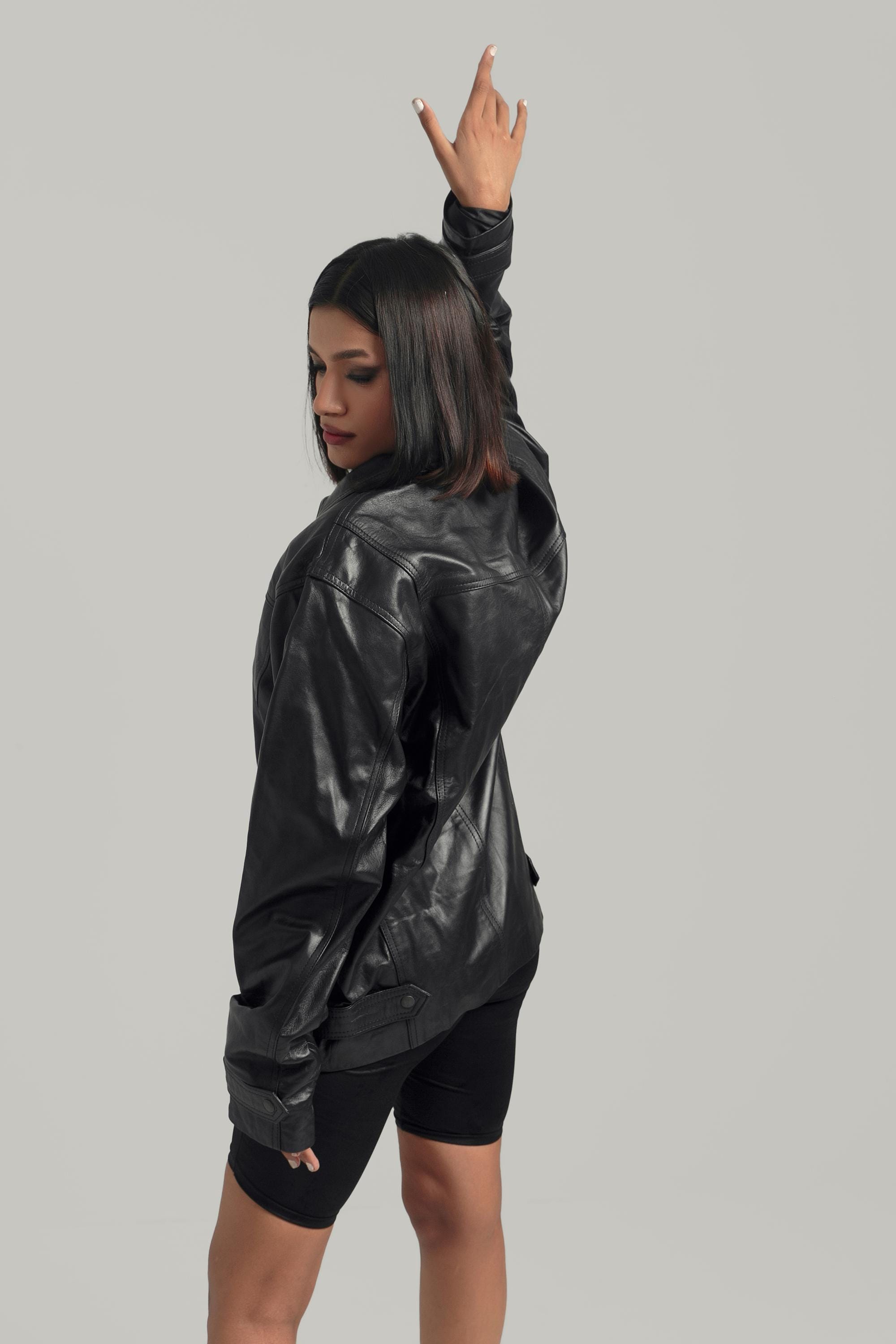 Handcrafted Oversized Black Leather Biker Jacket, Retro Bomber Style