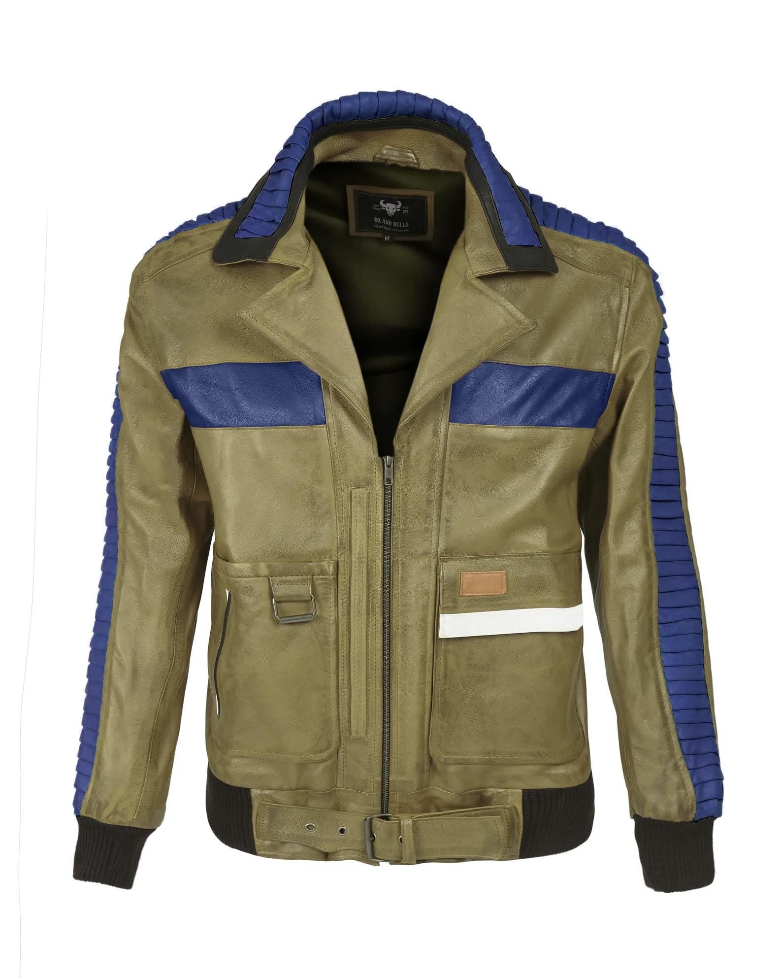 Handcrafted Green Blue Leather Sci-Fi Cosplay Jacket | Ox and Bulls Transformation Coat