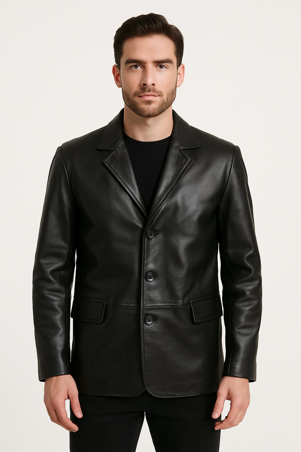 Handmade Black Genuine Leather Blazer | Men's Sport Coat