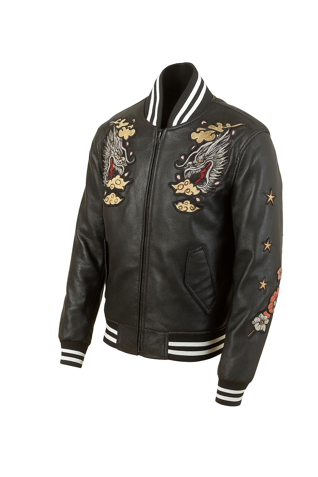 Dragon Embroidered Leather Bomber Jacket | Vintage Souvenir Style