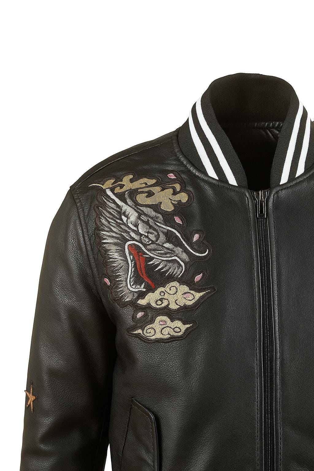 Dragon Embroidered Leather Bomber Jacket | Vintage Souvenir Style