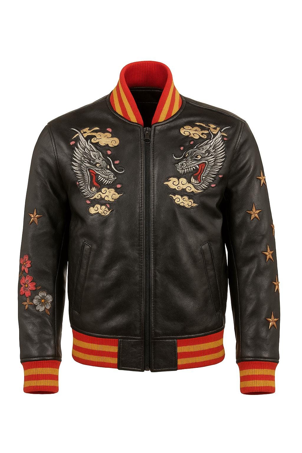 Dragon Crest Sukajan Leather Bomber Jacket |Japanese Dragon Embroidered Leather Jacket |Men’s Vintage Yokosuka Souvenir Style |