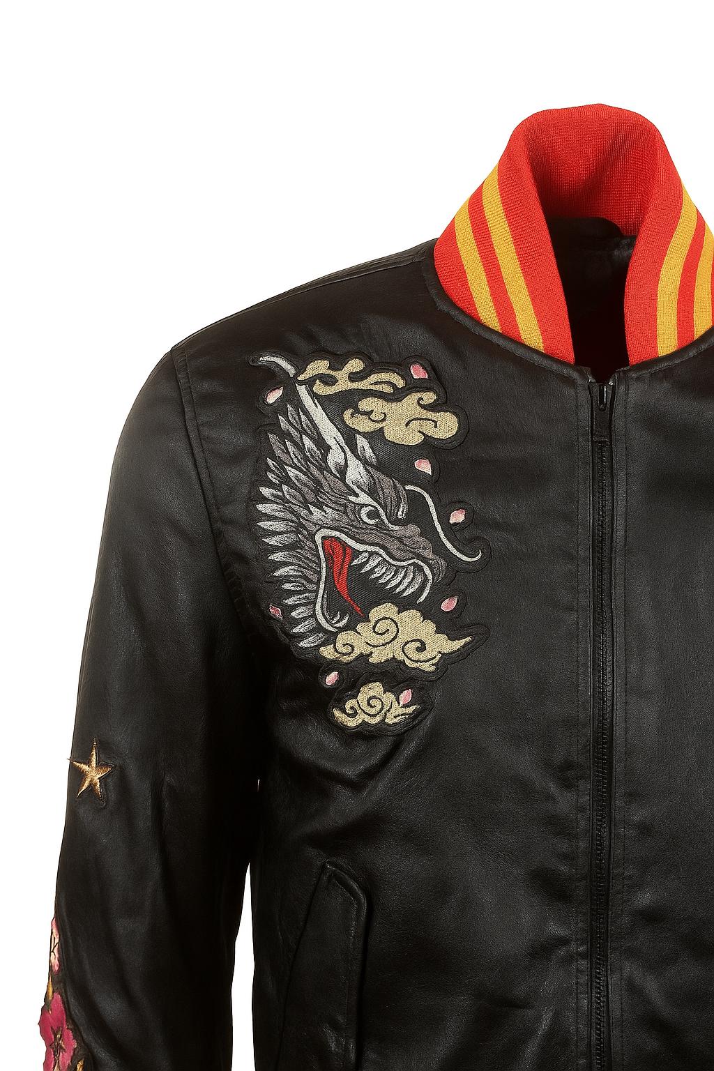 Embroidered Dragon Leather Bomber Jacket | Vintage Sukajan Style