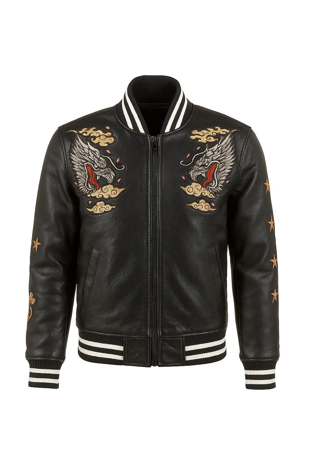 Dragon Embroidered Leather Bomber Jacket | Vintage Souvenir Style