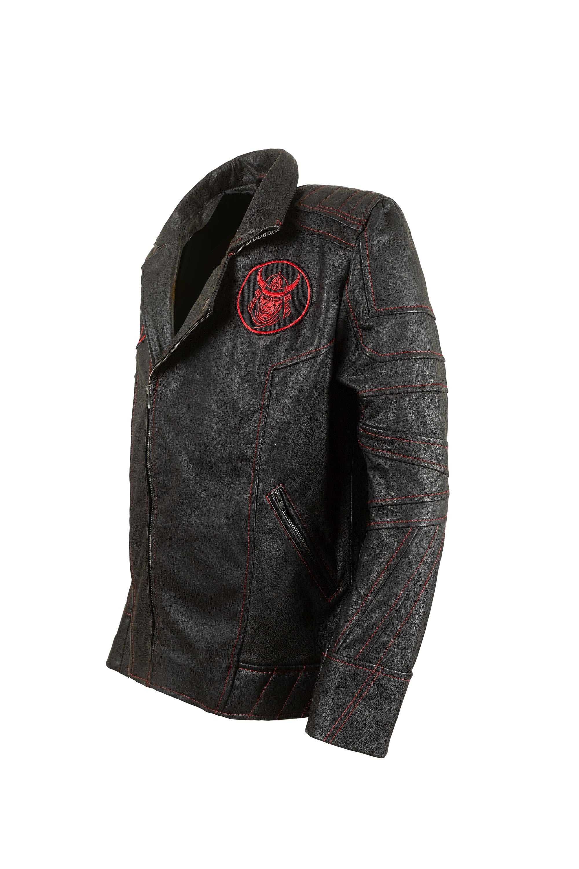 Samurai Spirit Leather Jacket | Cyber Ronin Biker Jacket | Handcrafted Black Leather Jacket with Red Stitching & Embroidered Samurai Patches